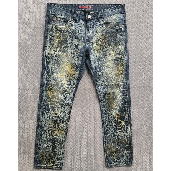 Grindhouse Denim Distressed Jeans Size 34x32* Acid Wash Splatter Shattered‎ - Picture 1 of 11